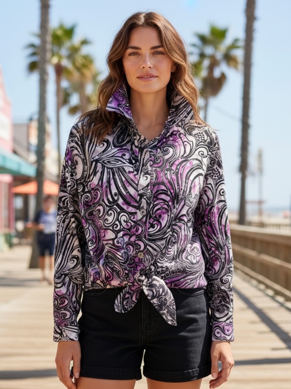 Chico's Purple Black Swirl Button-Front Stretch Blouse Size 12